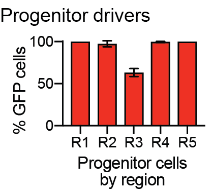 Graph displaying percentage of progenitor cells expressing GFP by region when progenitor reference drivers were crossed together